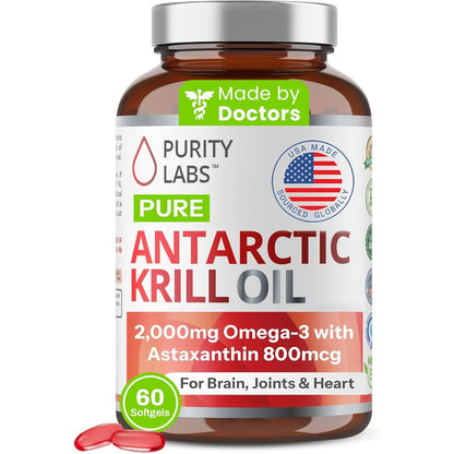 Purity Labs Antarctic Krill Oil 2000mg bottle front view for memory support.