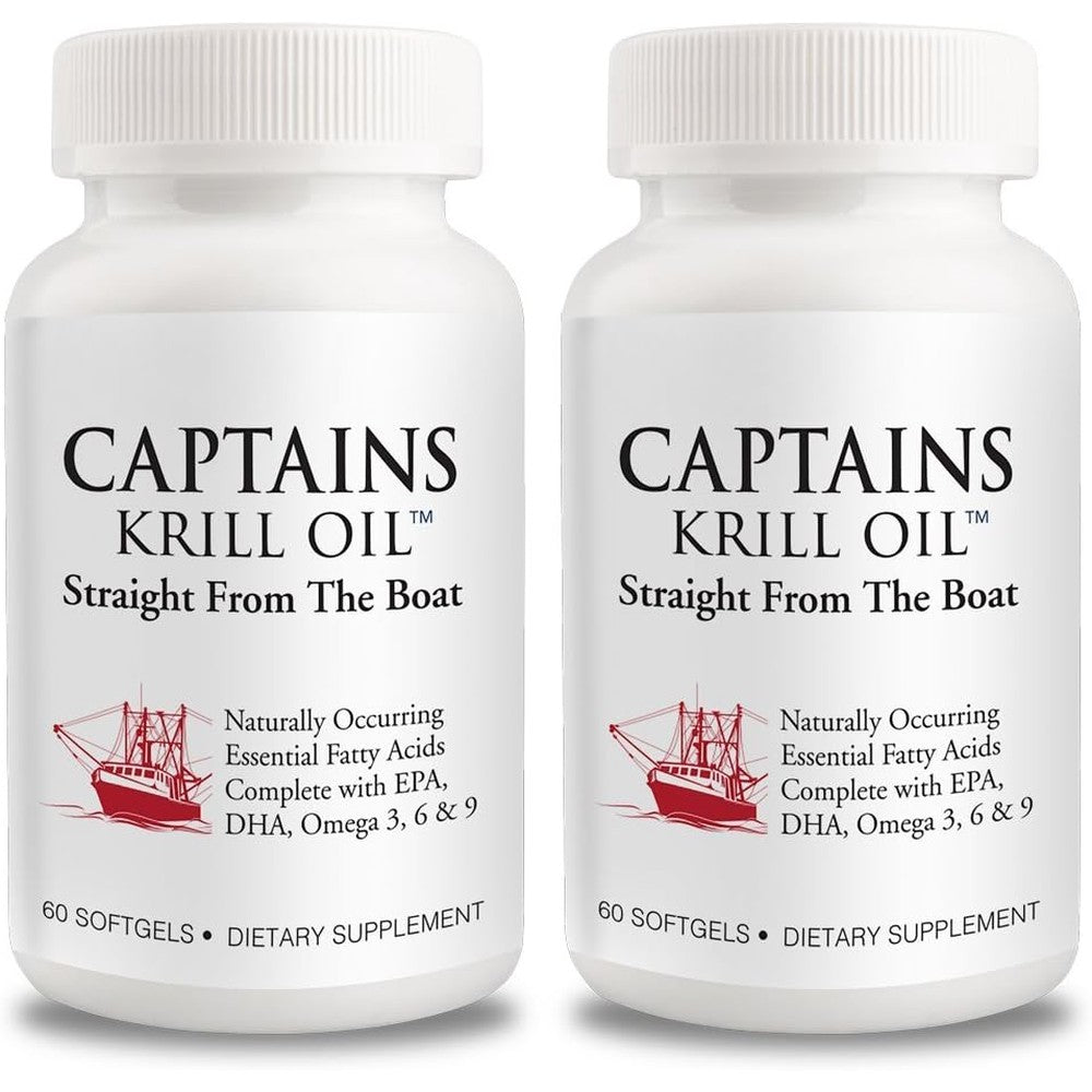 Captains Krill Oil 1000mg front view bottle packaging for Omega 3 supplementation.