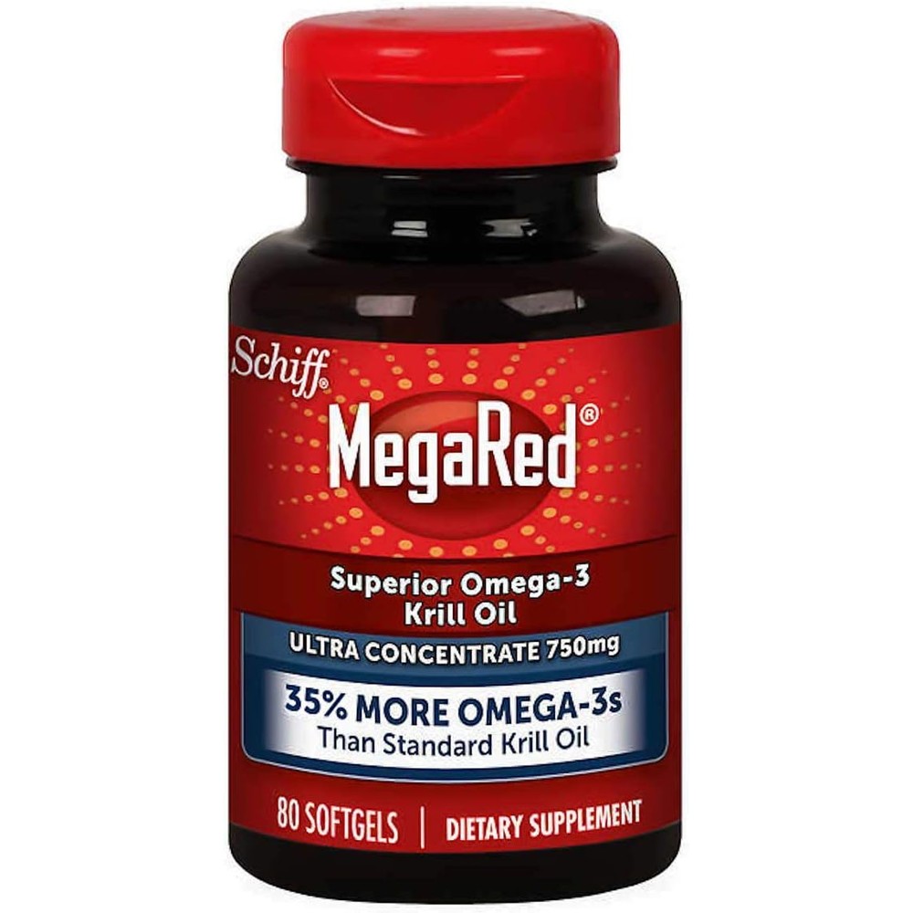 Schiff MegaRed High Concentration 750 milligram 80 softgels bottle front view showcasing authentic packaging.