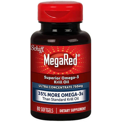 Schiff MegaRed High Concentration 750 milligram 80 softgels bottle front view showcasing authentic packaging.