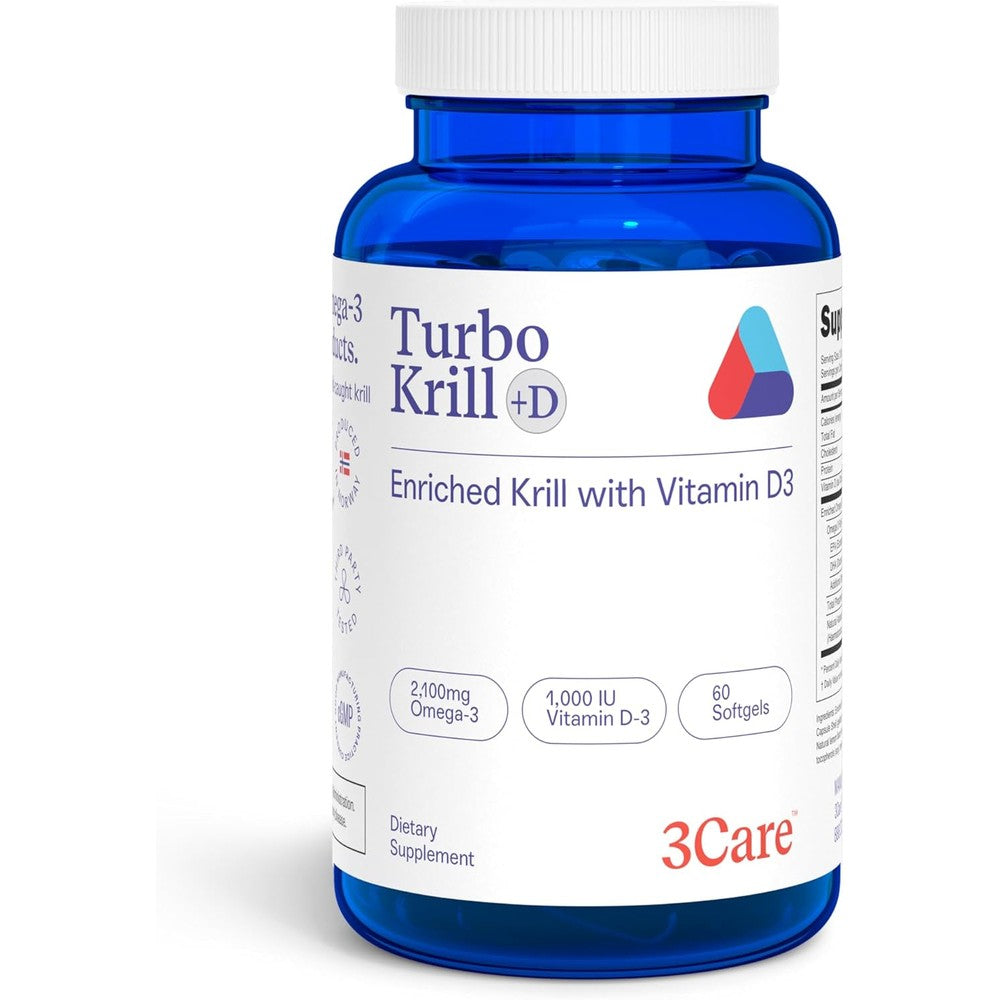 3Care Turbo Krill 2100 Milligram Omega 3 Supplement front view bottle packaging