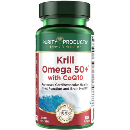 Purity Products Krill Omega 50 Plus bottle front view showcasing advanced omega 3 nutrition details.