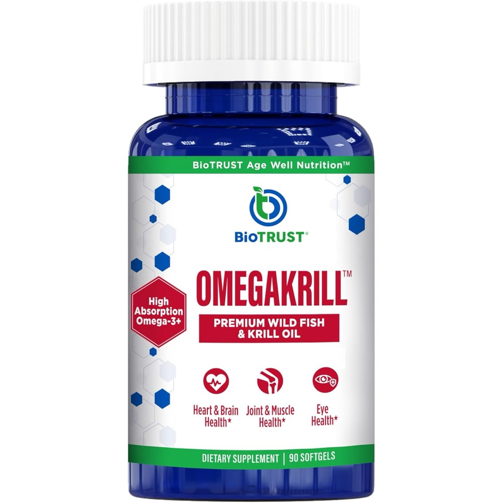 BioTrust OmegaKrill 90 softgels front view premium imported omega 3 supplement container