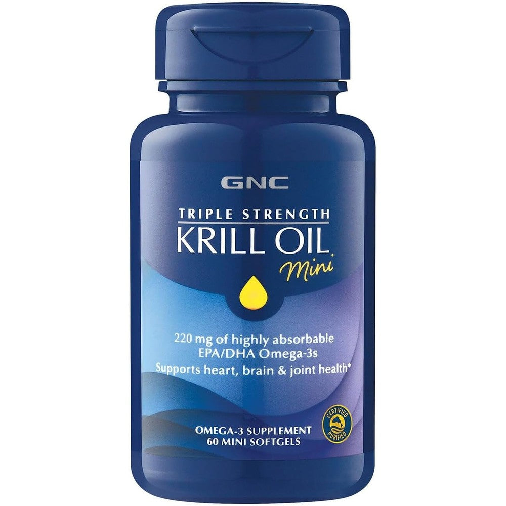 GNC Triple Strength Krill Oil Mini 60 softgels front view premium imported omega 3 supplement