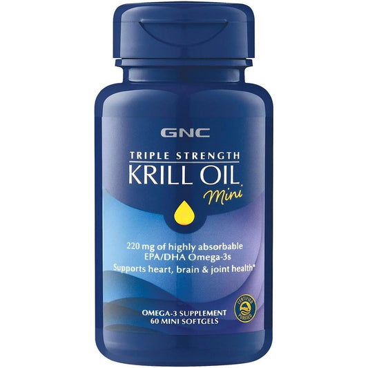 GNC Triple Strength Krill Oil Mini 60 softgels front view premium imported omega 3 supplement