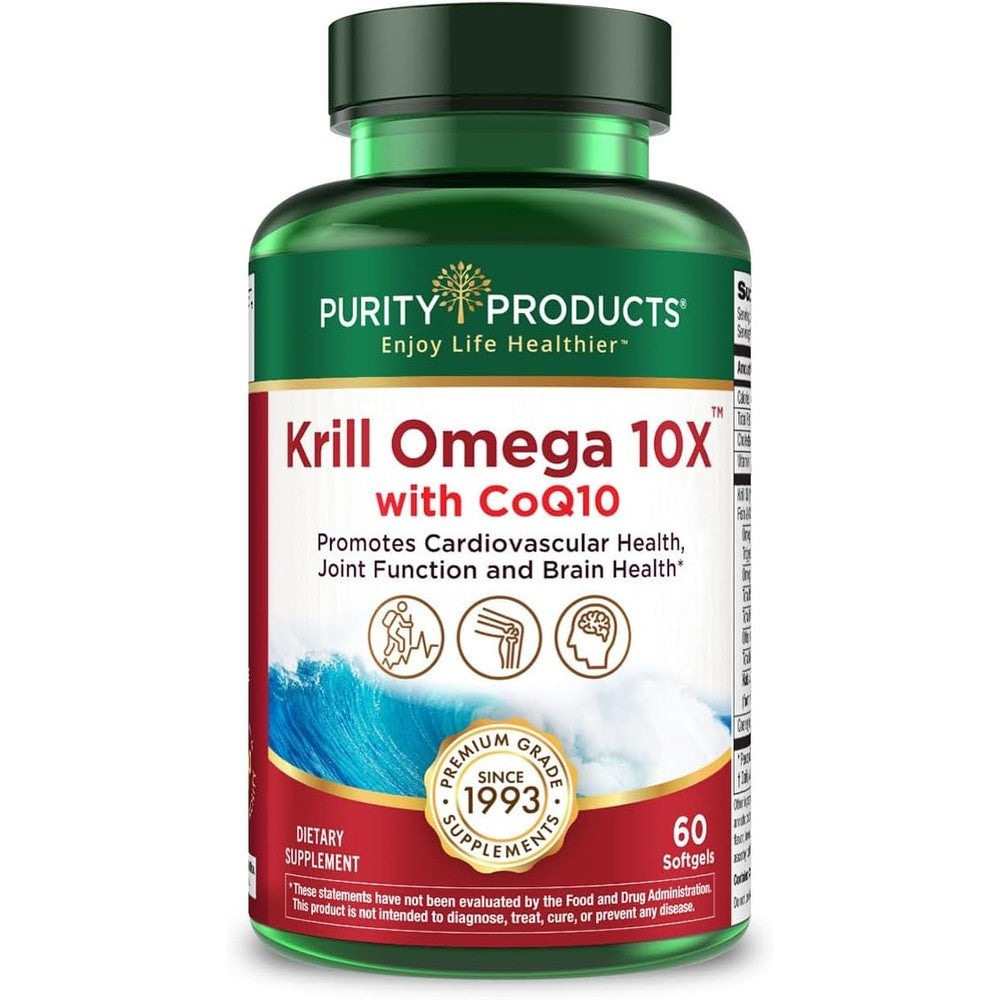 Purity Products Krill Omega 10X with CoQ10 60 softgels front view bottle
