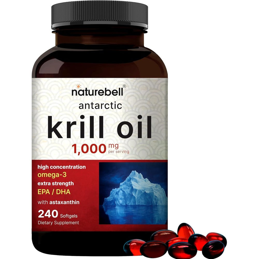 NatureBell Antarctic Krill Oil 1000 Milligrams bottle front view premium omega 3 supplement