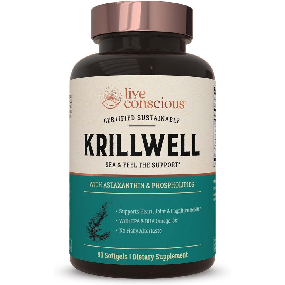 Live Conscious KrillWell Omega 3 Krill Oil 90 softgels front view bottle