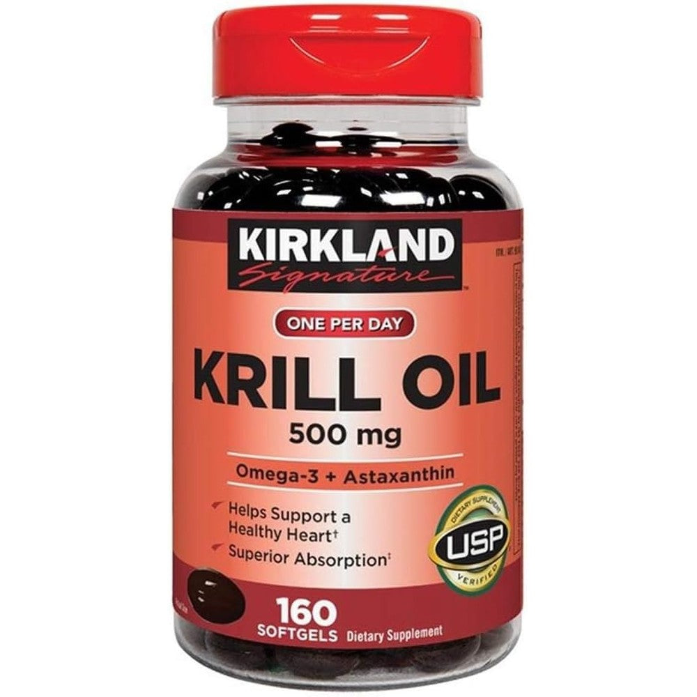 Kirkland Signature Krill Oil 500 Milligram 160 Softgels front view bottle