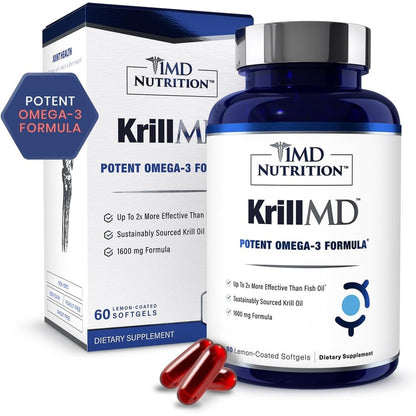 1MD Nutrition KrillMD Antarctic Krill Oil 60 Softgels front view packaging for joint support