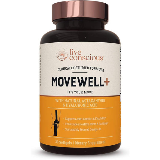 Live Conscious MoveWell Plus Krill Oil front view bottle packaging for joint health support