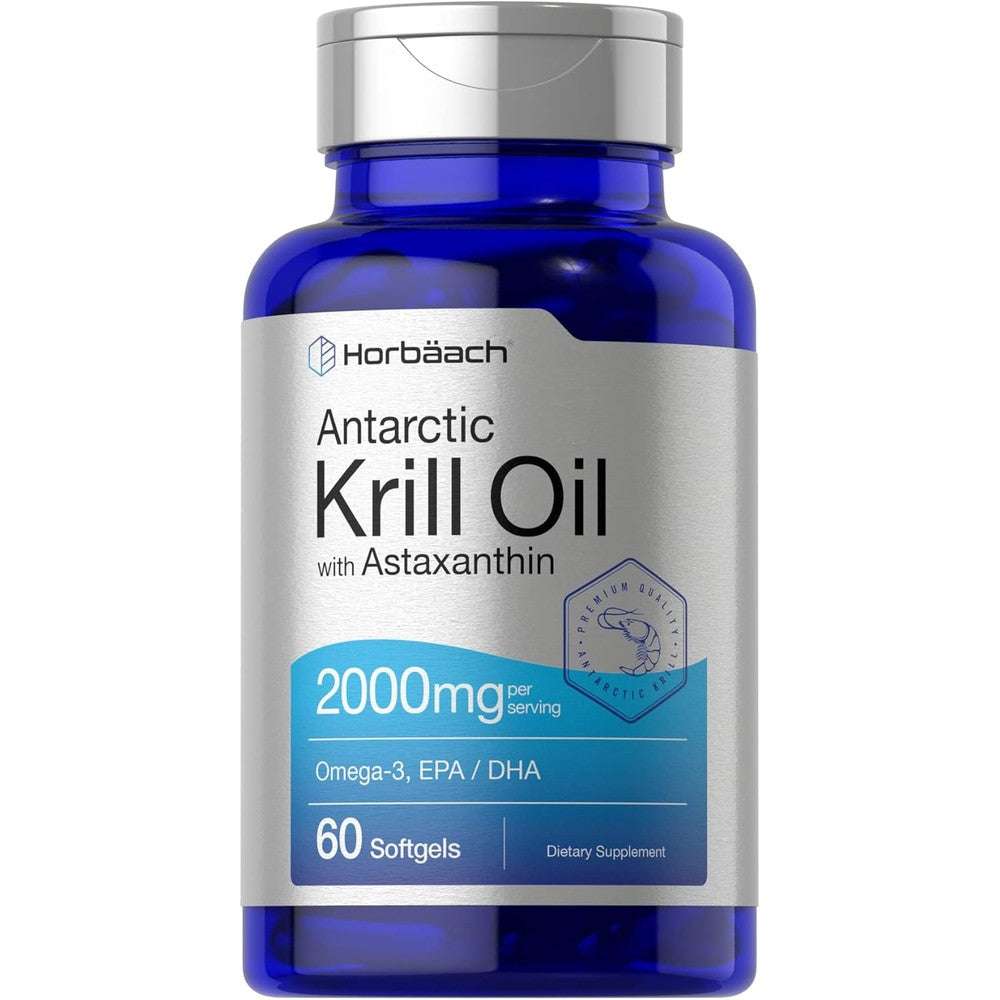 Horbäach Antarctic Krill Oil 2000 Milligrams bottle front view authentic Omega 3 supplement