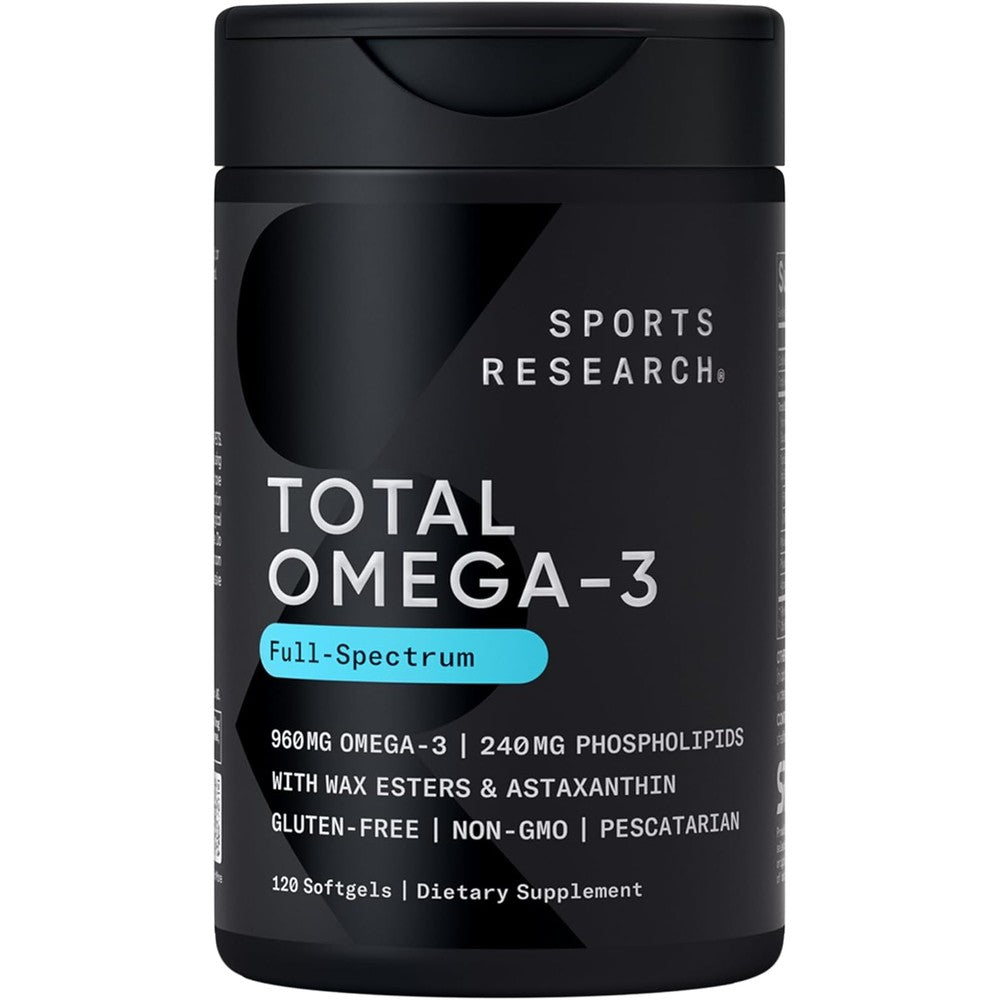 Sports Research Total Omega 3 Fish Oil 120 Softgels bottle front view for premium cardiovascular health support.