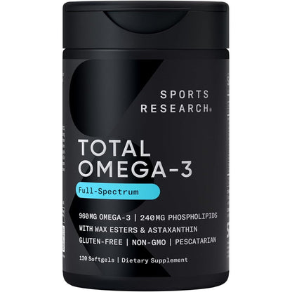 Sports Research Total Omega 3 Fish Oil 120 Softgels bottle front view for premium cardiovascular health support.