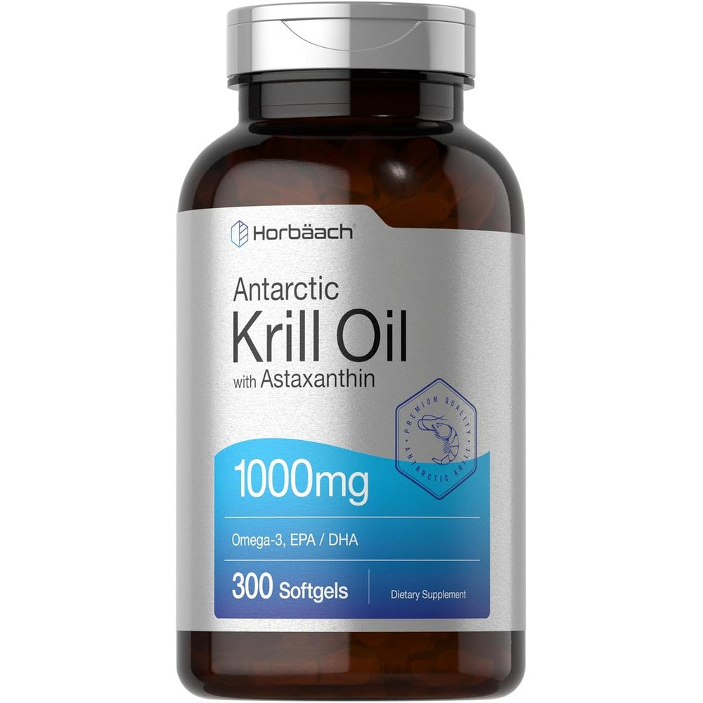 Horbäach Antarctic Krill Oil 1000mg 300 Softgels front view supplement bottle