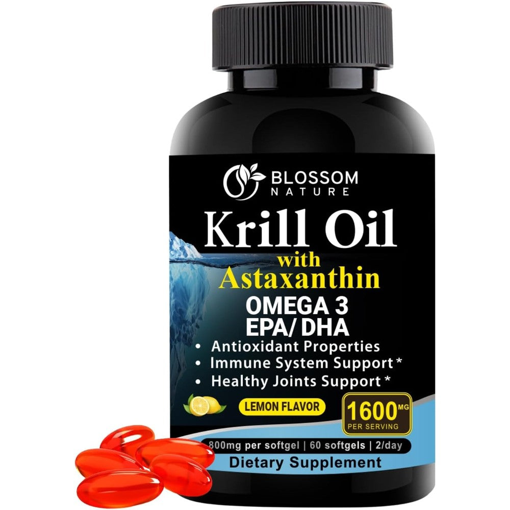 Blossom Nature Antarctic Krill Oil 1600 Mg front view bottle showcasing omega-3 dietary supplement for joint health.