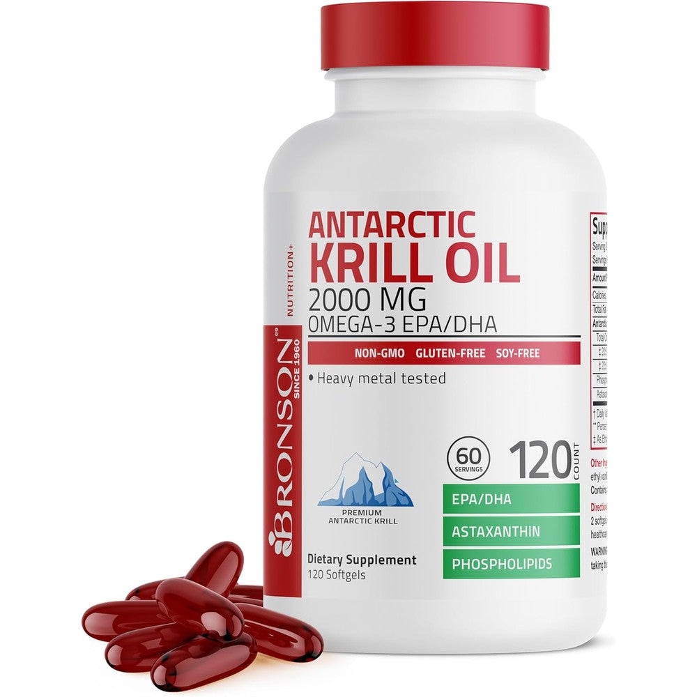 Bronson Antarctic Krill Oil 2000 mg 120 softgels front bottle view for heart and joint health.