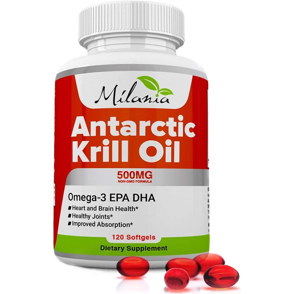 MILANIA Antarctic Krill Oil 500mg 120 softgels front bottle view for authentic omega 3 supplementation