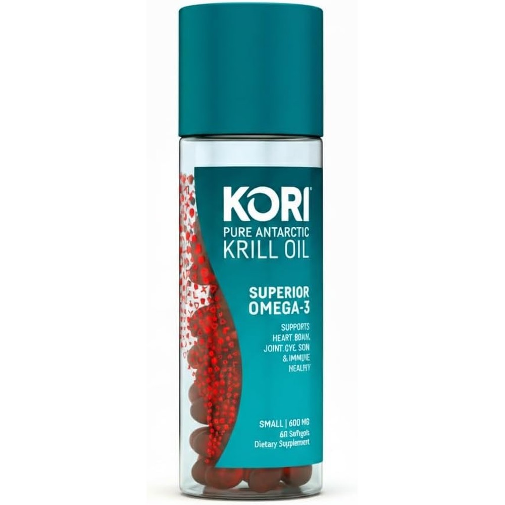 Kori Krill Oil supplement bottle front view with 600 milligram softgels.