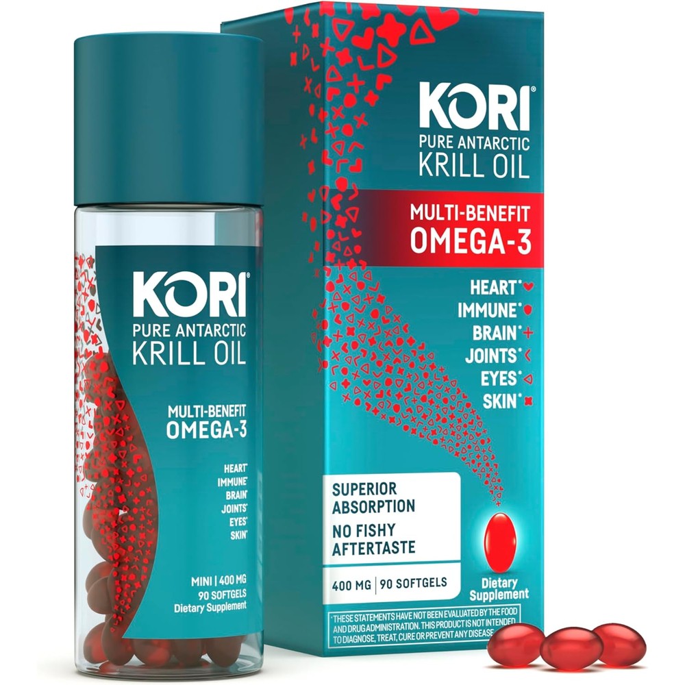 Kori Krill Oil pure antarctic krill oil supplement front view of bottle packaging