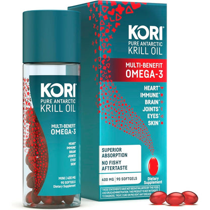 Kori Pure Antarctic Krill Oil 400 Milligram 90 Softgels front bottle view for heart and joint health.