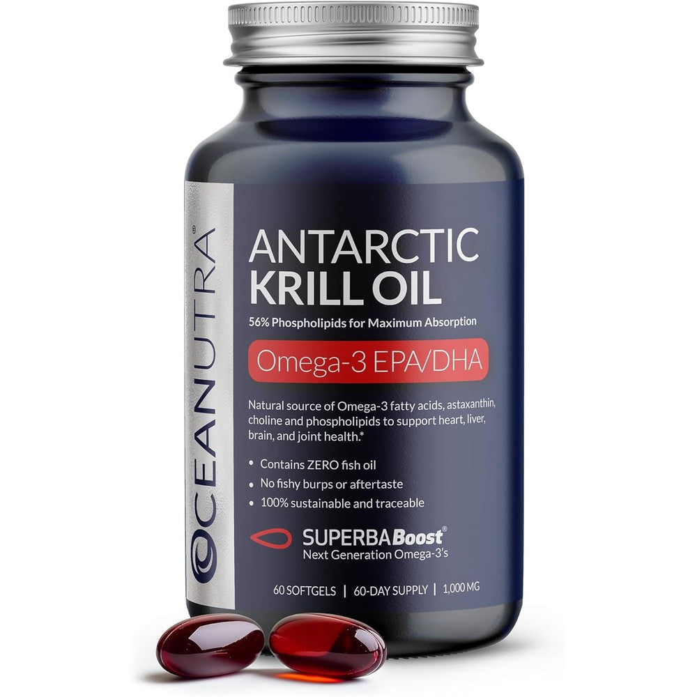 Oceanutra Pure Antarctic Krill Oil 1000mg front view of bottle packaging showing sixty softgels.