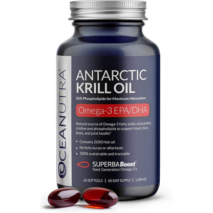 Oceanutra Pure Antarctic Krill Oil 1000mg front view of bottle packaging showing sixty softgels.