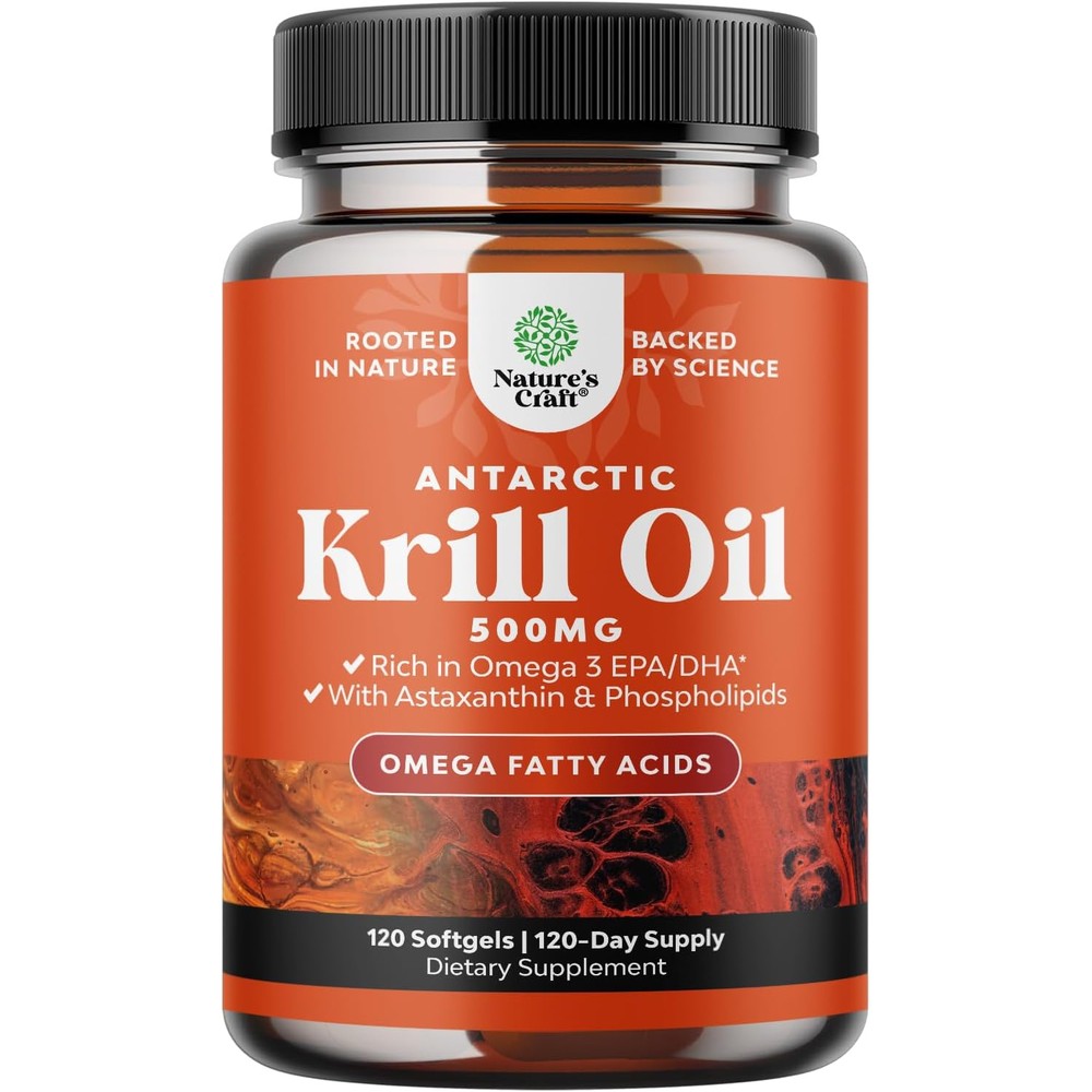 Natures Craft Antarctic Krill Oil 500 Mg front view bottle showcasing omega 3 health benefits