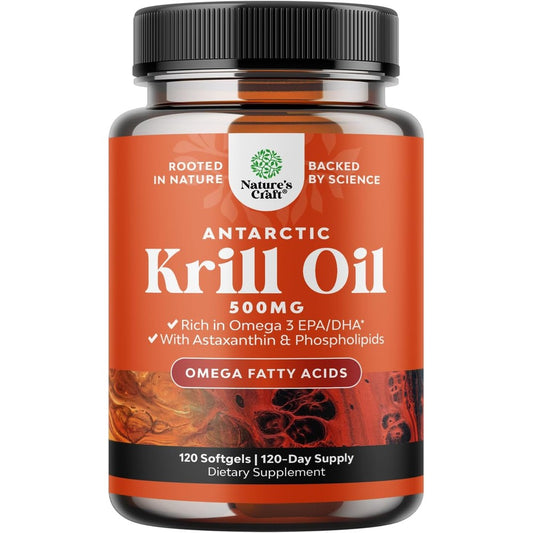 Natures Craft Antarctic Krill Oil 500 Mg front view bottle showcasing omega 3 health benefits
