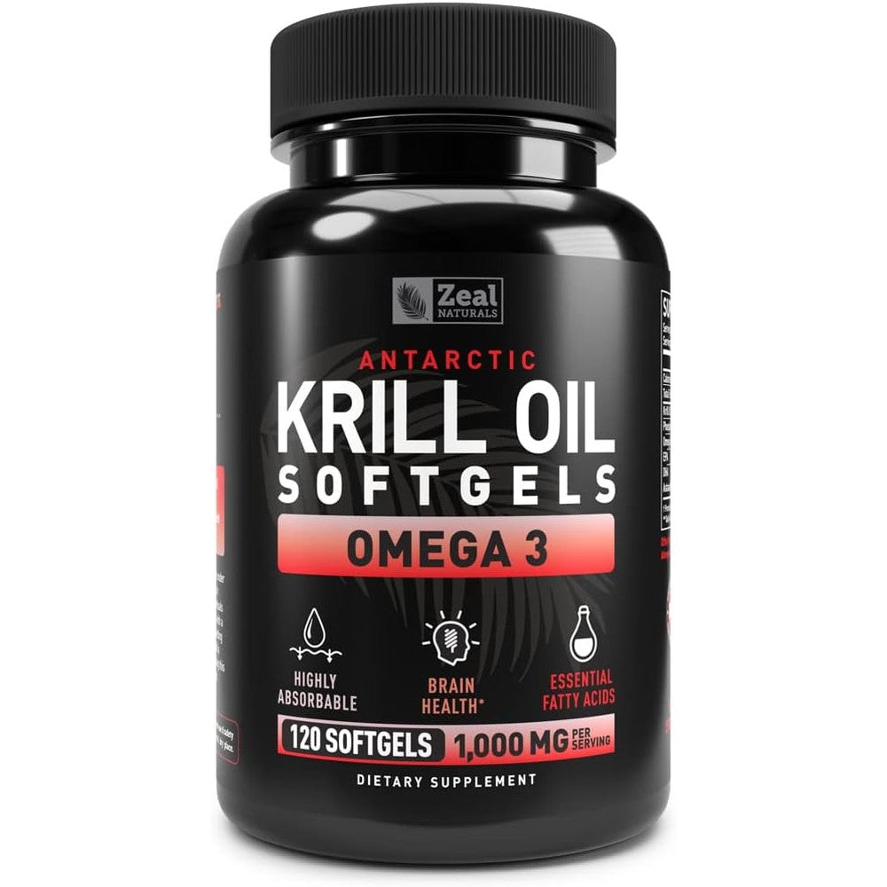 Zeal Naturals Antarctic Krill Oil 1000 Milligrams bottle front view showing 120 softgels count.