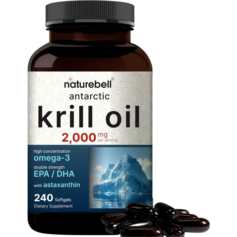 NatureBell Antarctic Krill Oil 2000mg 240 softgels bottle front view displaying authentic USA import packaging