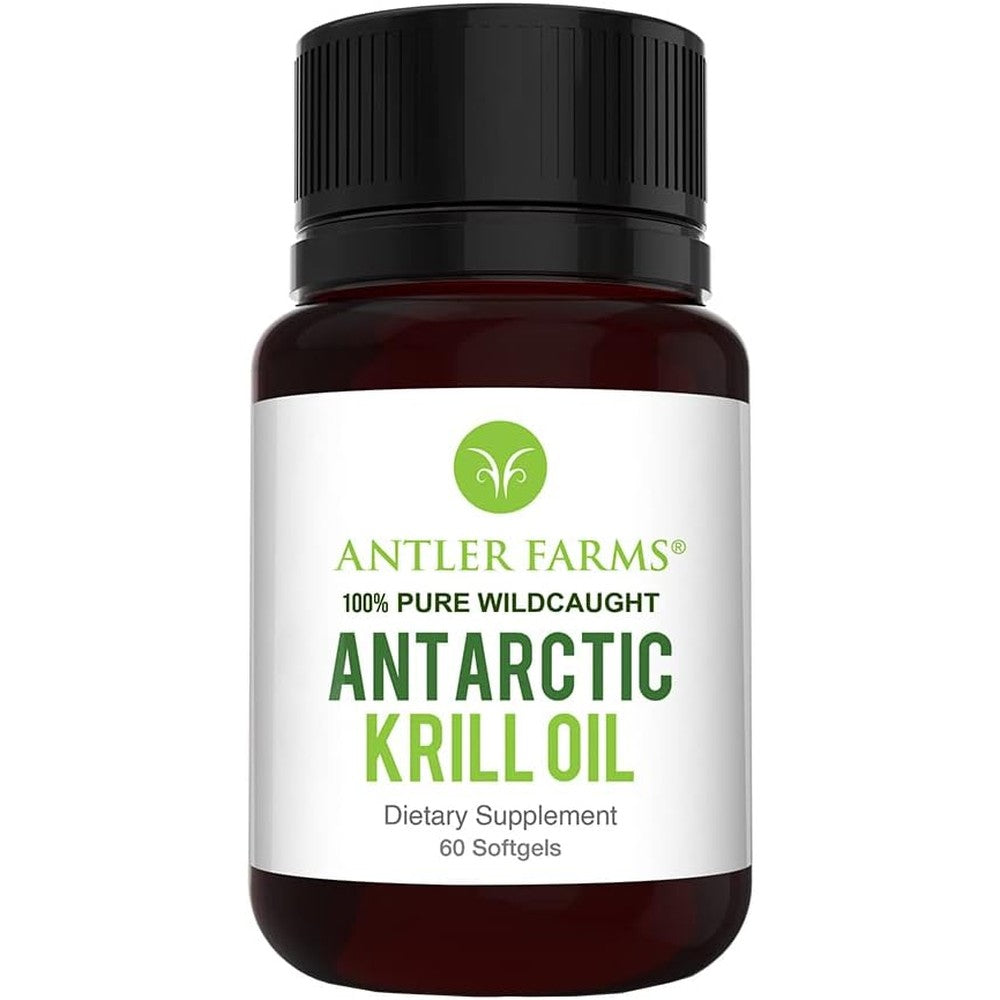 Antler Farms Antarctic Krill Oil 60 softgels front view of the bottle showing premium omega-3 supplement