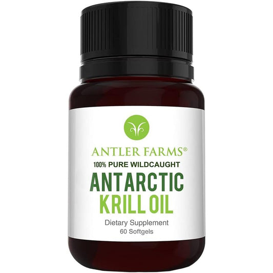 Antler Farms Antarctic Krill Oil 60 softgels front view of the bottle showing premium omega-3 supplement