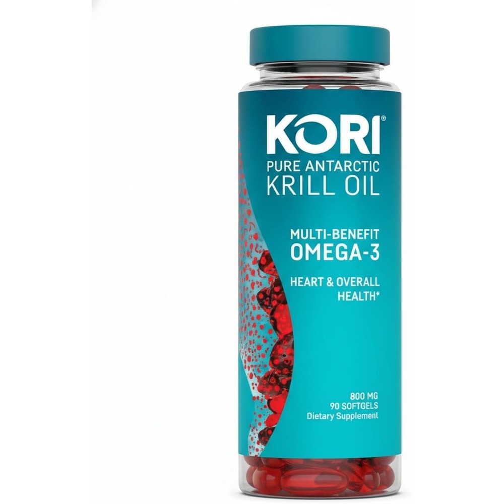 Kori Krill Antarctic Krill Oil 800mg 90 softgels front packaging showing authentic omega 3 supplement benefits