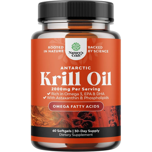 Natures Craft Antarctic Krill Oil 2000 Mg 60 Softgels front bottle view showing premium omega 3 supplement.