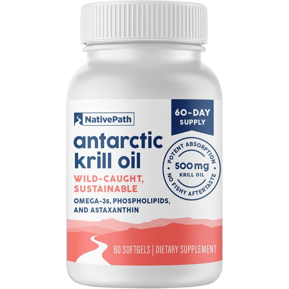 NativePath Antarctic Krill Oil 500mg front view of the bottle showing authentic wild-caught omega-3 supplement details.