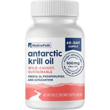 NativePath Antarctic Krill Oil 500mg front view of the bottle showing authentic wild-caught omega-3 supplement details.