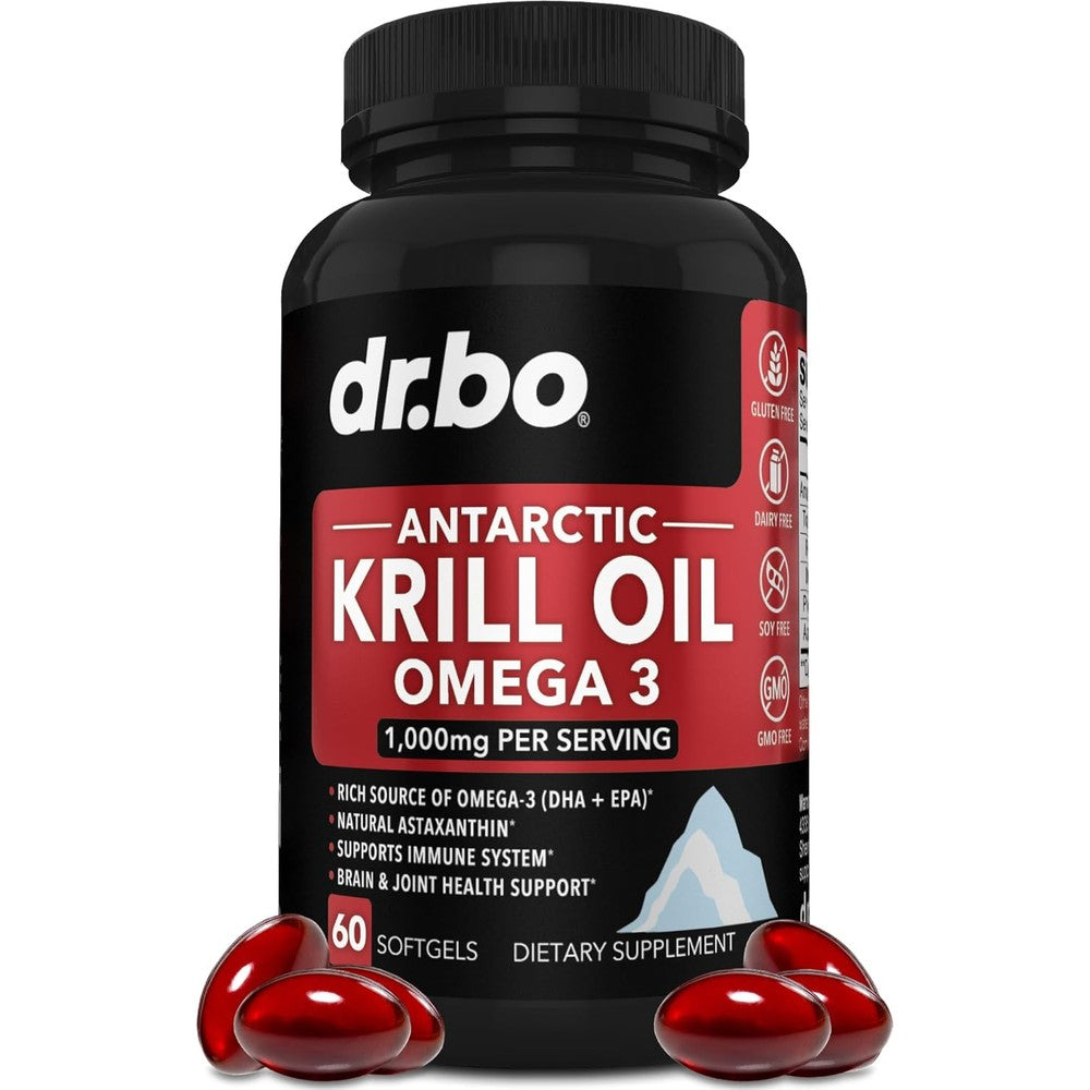 Dr. Bo Antarctic Krill Oil Omega 3 supplement front view bottle for joint health