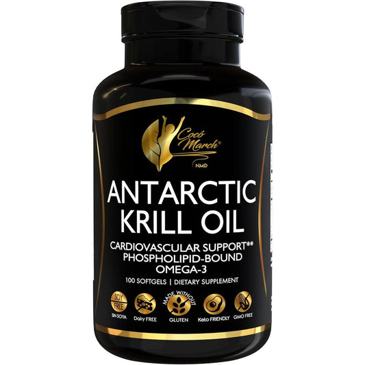 Cocó March NMD Pure Antarctic Krill Oil 1000mg front view of the premium supplement bottle for heart and joint health.