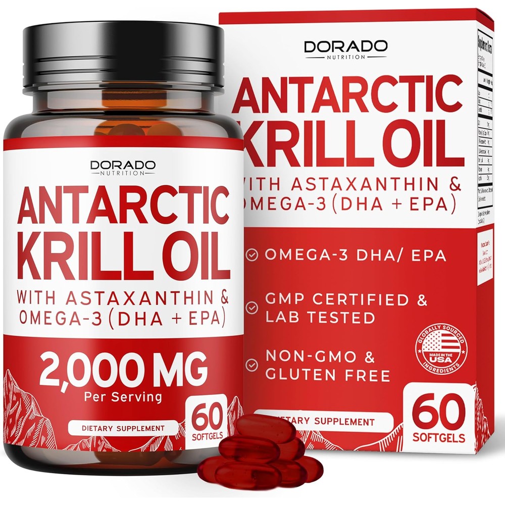 Dorado Nutrition Antarctic Krill Oil 2000 Mg bottle front view for daily Omega-3 supplementation.