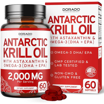 Dorado Nutrition Antarctic Krill Oil 2000 Mg bottle front view for daily Omega-3 supplementation.