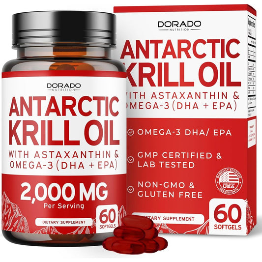 Dorado Nutrition Antarctic Krill Oil 2000 Mg bottle front view for daily Omega-3 supplementation.