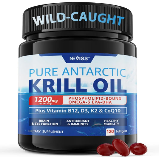 NEVISS Antarctic Krill Oil 1200 mg 120 softgels front bottle view showing omega 3 supplement facts.