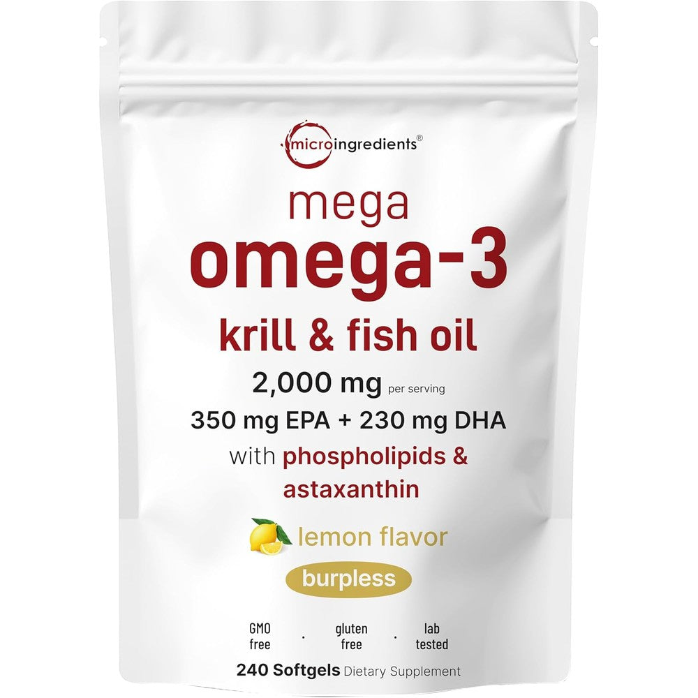 Micro Ingredients Mega Omega 3 Krill And Fish Oil 240 softgels front view pouch packaging.