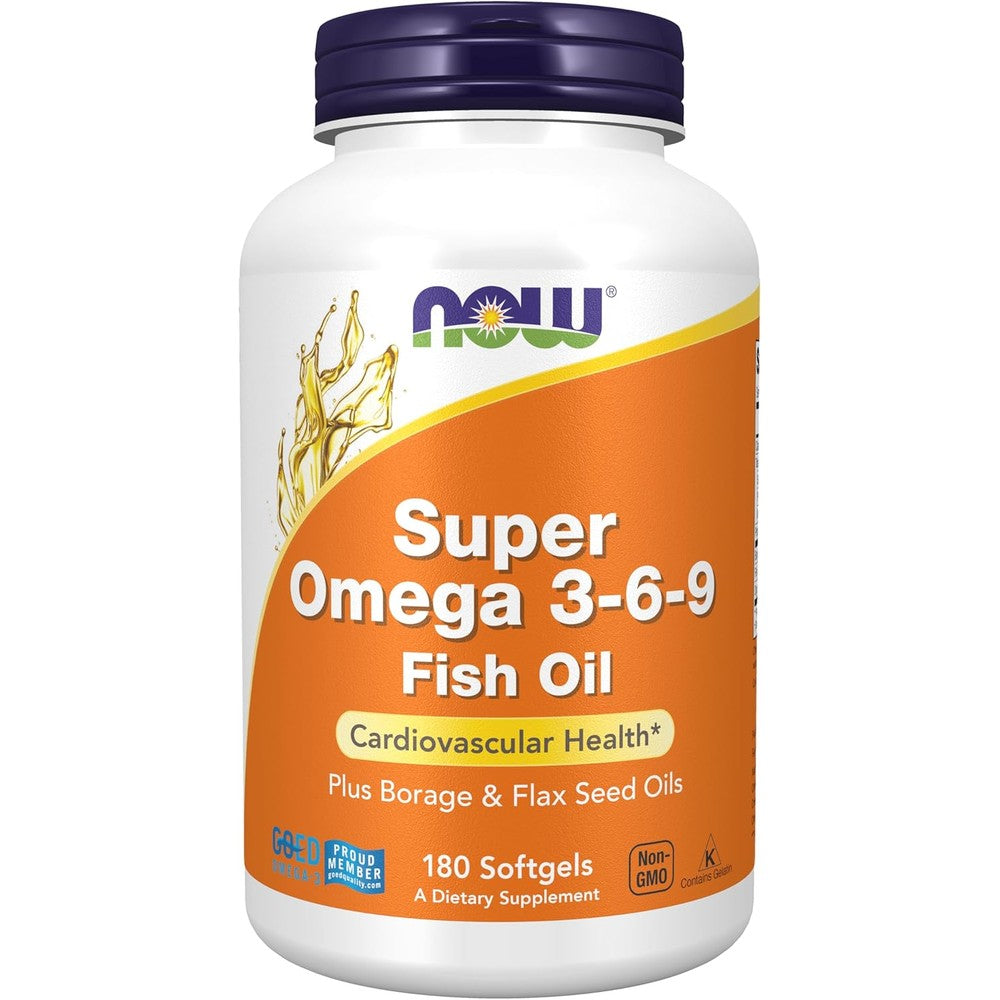 Now Foods Super Omega 3-6-9 1200mg softgels front view for cardiovascular health