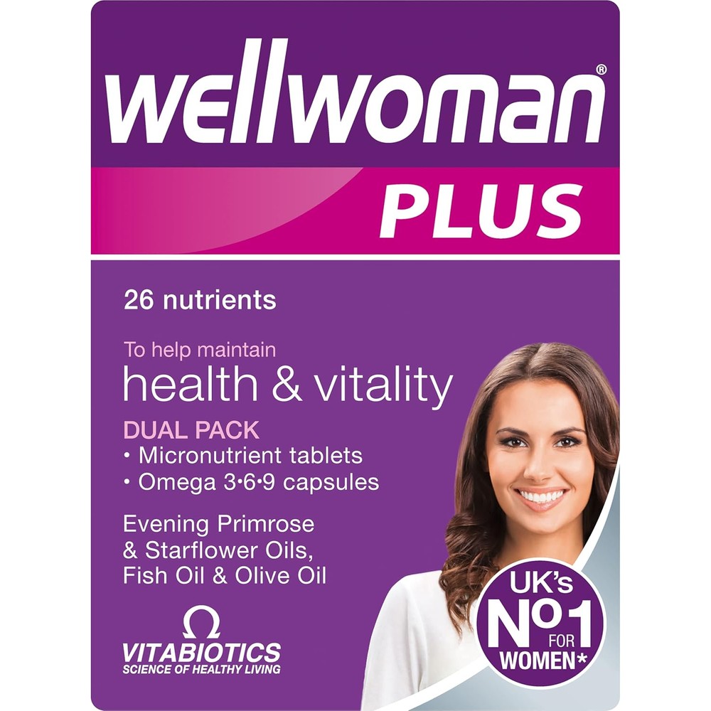 Vitabiotics Wellwoman Plus multivitamin and Omega 3-6-9 tablets front view