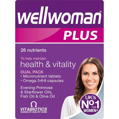 Vitabiotics Wellwoman Plus multivitamin and Omega 3-6-9 tablets front view