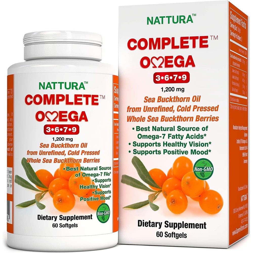 Nattura Complete Omega 3-6-7-9 sea buckthorn oil bottle front view.