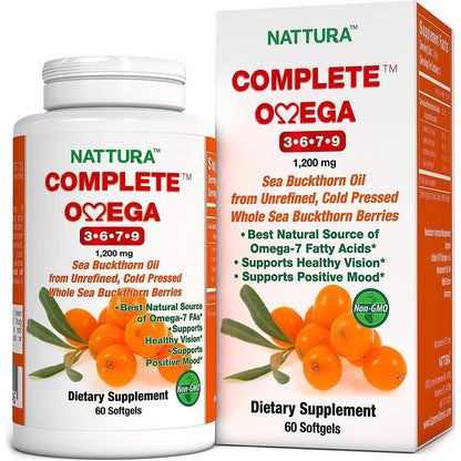 Nattura Complete Omega 3-6-7-9 sea buckthorn oil bottle front view.