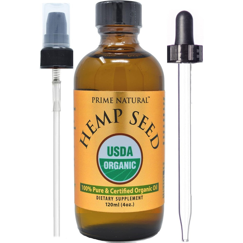 Prime Natural Organic Hemp Seed Oil front bottle view